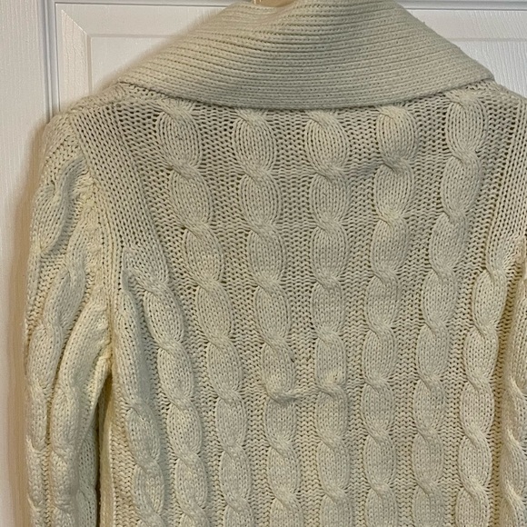VTG ivory shawl collar acrylic cable knit cardigan w/ wooden buttons mens sz L - Picture 6 of 13